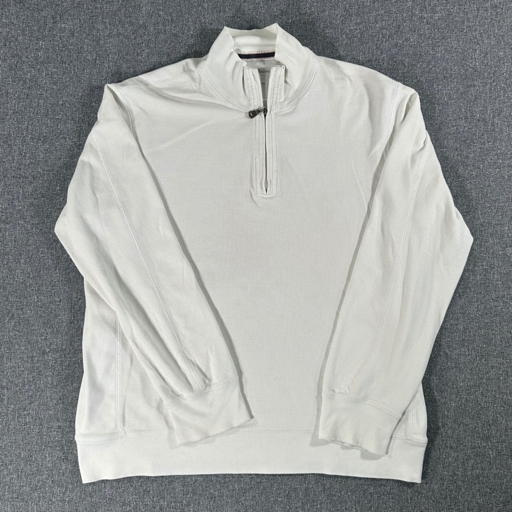 Eddie Bauer Mens Quarter Zip Pullover Sweater White Waffle Knit Cotton Size M